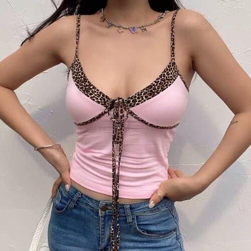 Pink Patchwork Leopard Pint Y2K Crop Top Women V Neck Sexy Casual Tops Femme Harajuku Summer Tees
