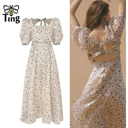 Tingfly Vintage Elegant Summer Floral Print Bohemian Open Back Casual Dress Women Retro Vacation Light Party Dinner Dresses Robe