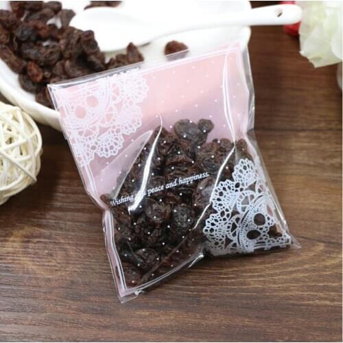 100Pcs Pink Pretty Lace Cookie Packing Bag,Self-adhesive Plastic Bags,Baking Package Bags,Small Jewelry Packaging Bags