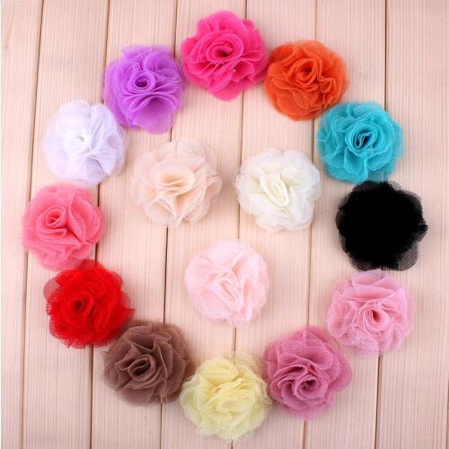 120pcs 2.4" 15 Colors Chic Mini Crochet Shabby Fabric Flowers For Children Artificial Tulle Mesh Flowers For Accessories