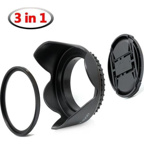 3-in-1) 62mm Camera Value Pack for SLR Camera Front Lens Cap + Screw-on Lens Hood + 62 mm UV Lens Protective Filter