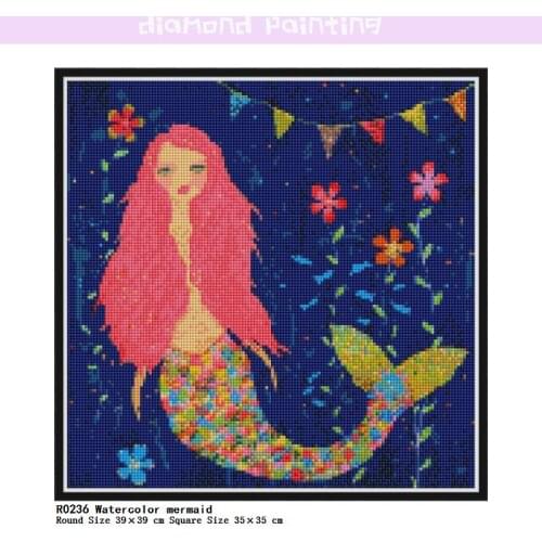 Watercolor Mermaid Square & Round Diamond Complete Mosaic Painting Diamond Cross Stitch Kits Diamonds Embroidery Full Home Decor