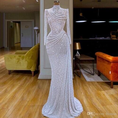 Glitter Mermaid Evening Dresses High Collar Sequins Beaded Long Sleeve Sweep Train Formal Party Gowns Custom Made Prom Dress