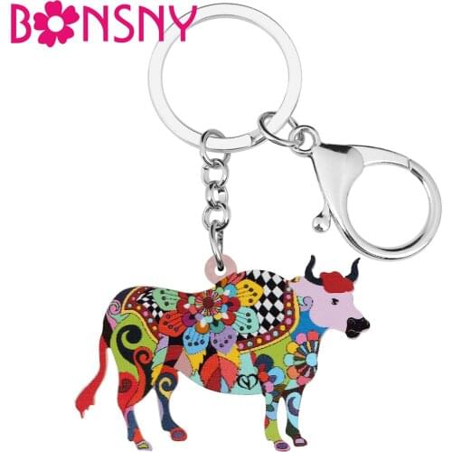 Bonsny Acrylic Sweet Floral Cartoon Bull Cattle Keychains Ring Fashion Purse Car Key Chain Unique Jewelry For Women Girls Gifts