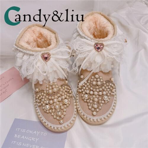 New beautiful girls' cowhide snow boots, sand and white fur, one thick non-slip boots