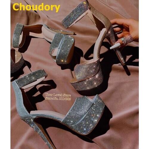Choudory Bling Bling Champagne Pink Crystal Platform Sandals Stiletto Heels Silver Sequined High Heel Wedding Shoes Size47 Pumps