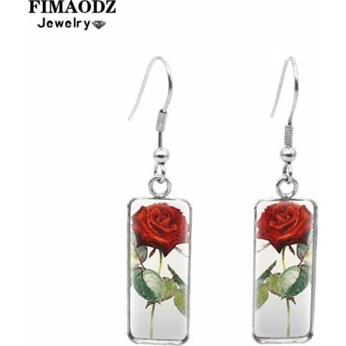 FIMAODZ Charm Rose Tulip Earrings for Women Girl Vintage Pink Cherry Blossom Art Photo Glass Dangle Earring Gifts Accessories