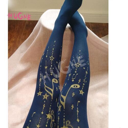 Jumping Note ~ Sweet Melody Printed Lolita Pantyhose Gold Stamped Patterned Tights White Blue Black