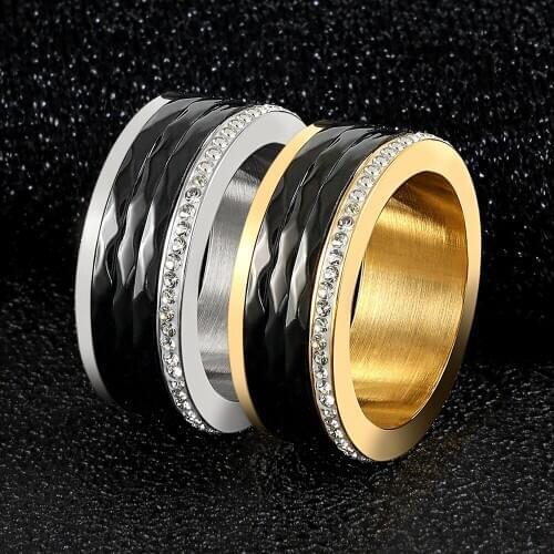 Trendy Shinning Crystal Rings Casual Sporty High Quality Stainless Steel Engagement Ring For Men Women Party Gift Ceramics Ring