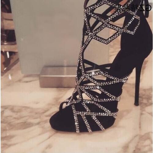 Newest Bling Bling Crystal Embellished Sandals Women Cut-out Peep Toe Hollow Cage Shoes Thin Heels Rhinestone Gladiator Sandal
