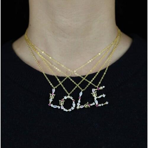New Boho Jewelry Charm Name Letter Pendant Neckaces Gold Plated Colorful Cz Stone Paved A-Z Initial Link Chain Girls Necklace
