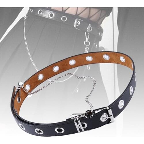 New Women Punk Chain Belt All-match Thin Round Single Eyelet Grommet Metal Buckle Fake Leather Waistband Wholesale