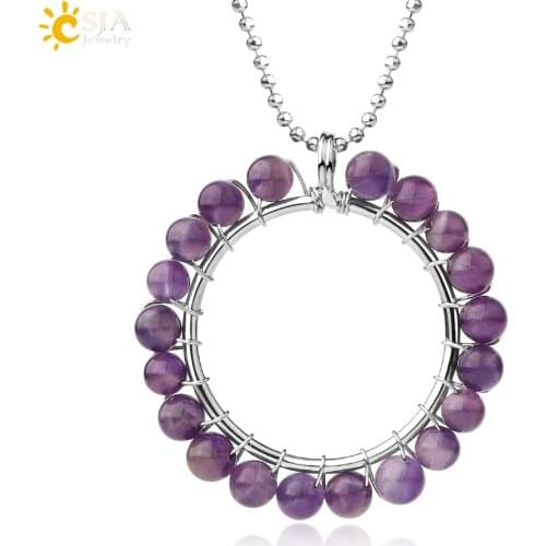 CSJA 5mm Natural Crystal Stone Circle Pendant Necklaces Silver Color Wire Wrapped Pendants for Women Fashion Jewelry Bijoux G565