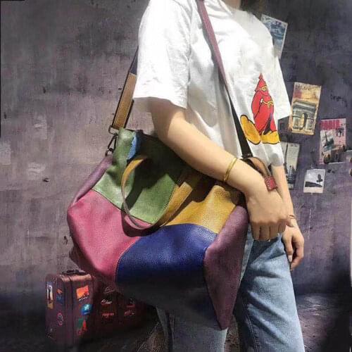 Retro National Stylish Vintage Shoulder Bag Genuine Leather Big Size Patchwork Crossbody Messenger Bag Rainbow Colorful HandBags