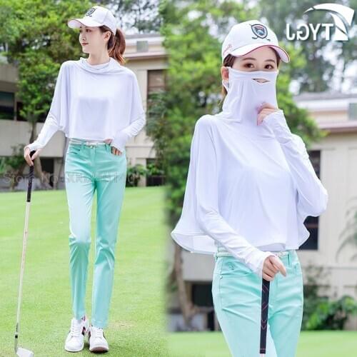 Golf Shirt Summer T-Shirts Anti UV Clothes Women Ice Silk Sun Protection Shirt Ultra-thin Breathable Casual Shirts with Masks