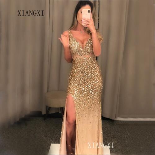 Sexy Mermaid Evening Dress Satin Heavy Crystal Hand-Beading Party Dress Floor Length Gowns Evening Dresses vestidos