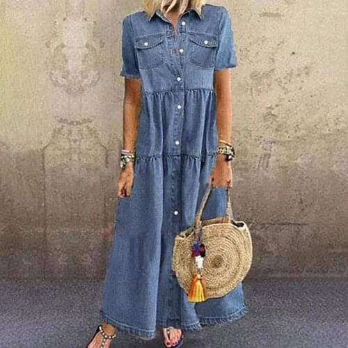 Light Blue Denim Dresses For Women 2021 Ladies Long Maxi Vestidos Casual Short Sleeve Sundress Summer Belted Beach Robe