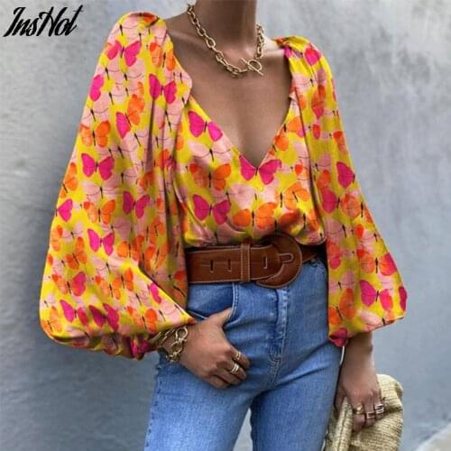 Off Shoulder Puff Sleeve Blouse Backless Butterfly Print Shirts Women 2021 Lace Up Orange V-Neck Woven Women Summer Streetwear