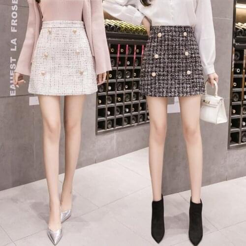 Womens New Korean High Waist Tweed Skirt 2021 Autumn Winter Thicken Women Plaid Mini Skirts Jupe Femme Mujer Faldas Y729