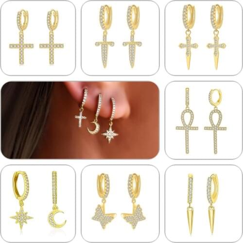 2021 NEW Full Zircon Drop Earrings For Women Gold Silver Color Cross Star Moon Butterfly Geometry Trendy Wedding Jewelry Gift