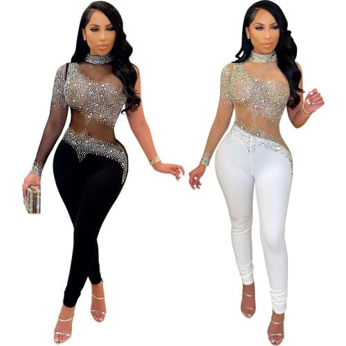 Zoctuo Rompers And Jumpsuits For Women 2021 Diamond Sheer Mesh Elastic Jumpsuit One Shoulder Long Sleeve Romper High Streetwear