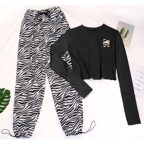 Kawaii Cat TShirt Cotton Stripe Pants Sets Harajuku Women Long Sleeve Tight T-Shirt Female Gothic Tops Casual Fashion Streetwear
