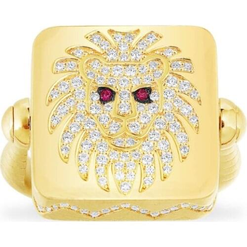 SLJELY Fashion Real 925 Sterling Silver Yellow Gold Color Lion Square Ring with Burgundy Zirconia Stone Women Fine Brand Jewelry