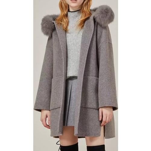 Outwear Winter Women Woolen Coat With Natural Fox Fur Hoodie Ladies Real Fur with Belt Oversize Coats