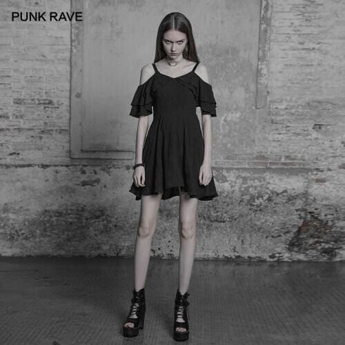 PUNK RAVE New Gothic Womens Black Lotus Leaf Chiffon Strap Dress Casual Fashion Sexy Women Short Dress Chiffon Sexy Dress
