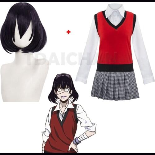 4pics Anime Fashion Compulsive Gambler Midari Ikishima Cosplay Costume Japanese School Vest Dress Women JK Uniform Wig Set