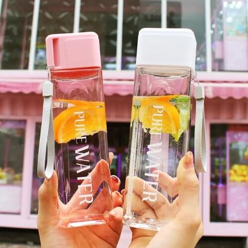 480Ml Square Water Bottle Travel Portable Plastic Water Bottle with Rope Transparent Fruit Milk Water Cup Outdoor Camping Bottle
