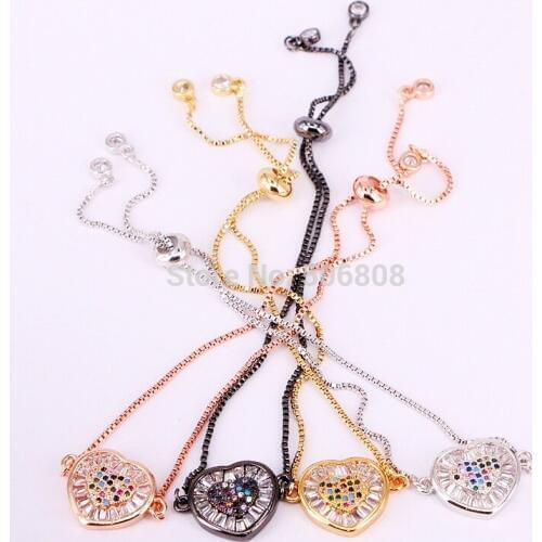 6PCS ZYZ-B5704 Micro CZ Zircon Crystal Pave Heart Connector Bracelet Metal Color Chain Link Bracelets