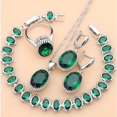 925 Sterling Silver Jewelry Green Emerald White CZ Jewelry Sets Women Earrings/Pendant/Necklace/Rings/Bracelet