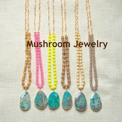 Boho Picture Jaspers Jade Agates River Stone Long Gold Chain Statement Necklace Jewelry