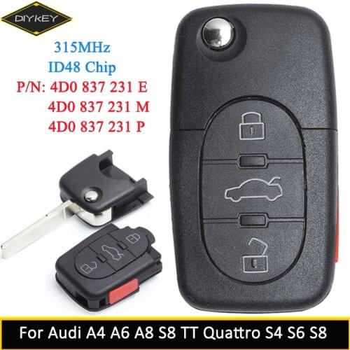 DIYKEY for Audi A2 A4 A6 A8 S8 TT Quattro 4D0 837 231 E/ 4D0 837 231 M/ 4D0 837 231 P 315MHz ID48 Flip 4 Button Remote Key Fob