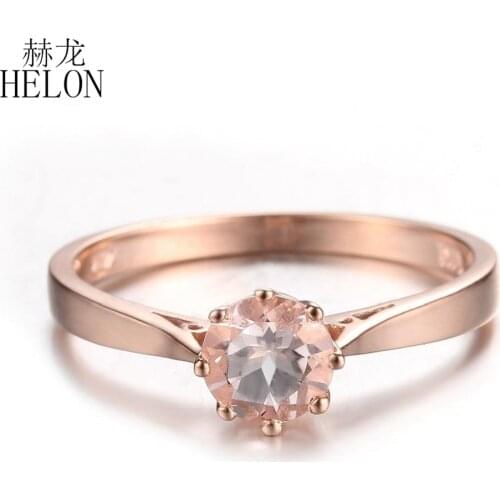 HELON Morganite Women Ring Solid 14K Rose Gold Flawless Round 5.5mm Genuine Natural Morganite Jewelry Engagement Wedding Ring