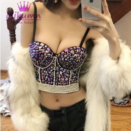 Beautiful Luxury Rhinestone Pearls Women Sexy Tank Top Vest Night Club Party Push Up Bustier Crop Top Camis Corset