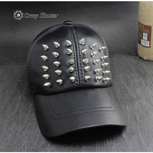 Metal Rivet Studded Cool Mens Real Leather Biker Cap Punk Rock Gig