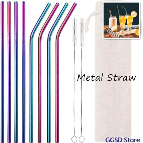 Reusable Metal Straw Stainless Steel Drinking Straw with Cleaning Brush + Bag for Home Party Wedding Tableware Decor Supplies