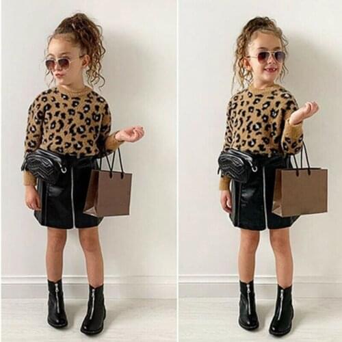Fashion 2PCS Toddler Kids Baby Girls Clothes Long SLeeve Leopard Sweater Tops +PU Leather Mini Skirt Autumn Outfit Set