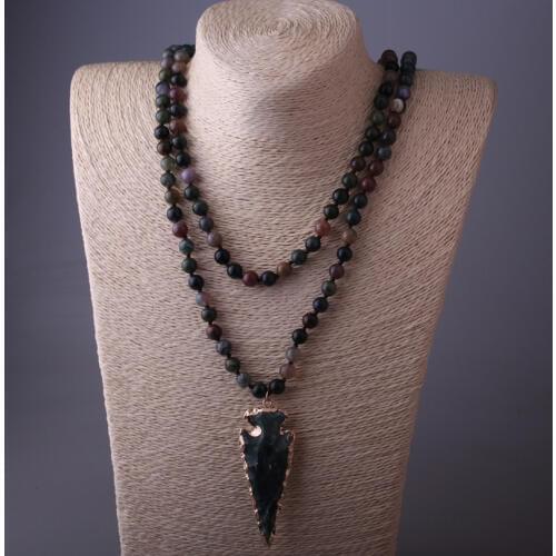 MOODPC Fashion 130cm Long Knot Halsband India Arrowhead Pendant Necklace Handmade Women Natural Stone Bead Necklace