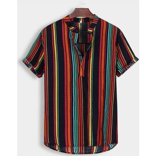 KANCOOLD men clothing Mens Summer Fashion Stand Collar Strip Print Short Sleeve Shirt Top Ethnic pullover Camisa Masculina