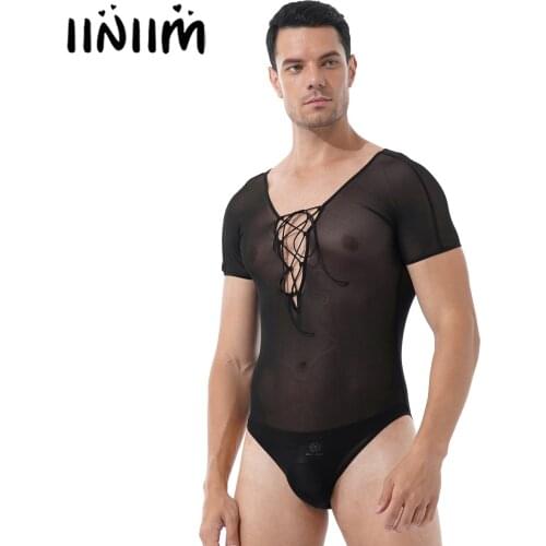 Mens Lingerie See-through Mesh Deep V Neck Bodysuit Crisscross Lace-up Front Short Sleeve Sheer Leotard Sexy Nightwear Clubwear