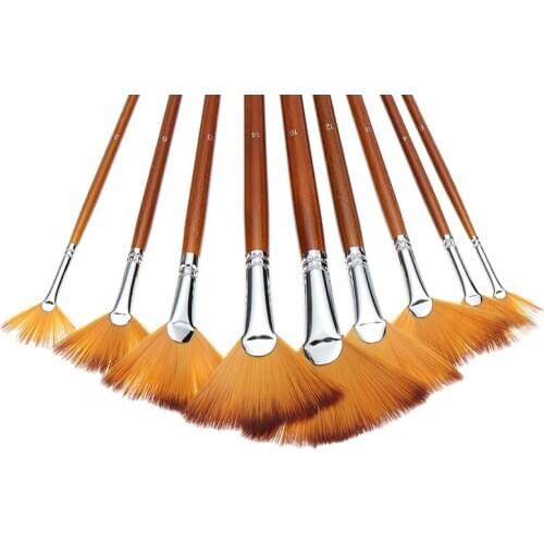 9PCS Fan Shape Paint Brush Set Oil Acrylic Artist Bristle Paint Brushes Flaxen Color Gouache Painting Art Drawing Sationery