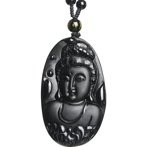 Natural Obsidian Chinese Guanyin Pendant Necklace Charm Jewellery Fashion Accessories Hand-Carved Amulet Man Luck Gifts