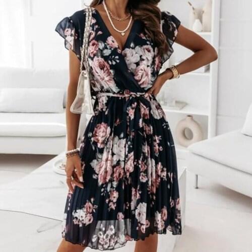 Summer Women A Line Print Dress Sexy V Neck Thin Bow Lace Short Sleeve Ruffles Knee Length Dress Fashion