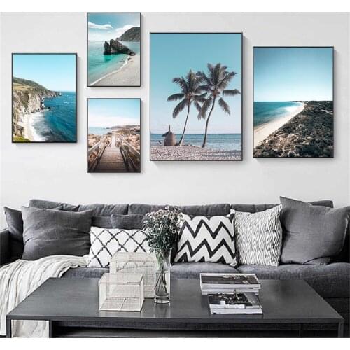 Scandinavia Beach Coconut Tree Wall Art Poster Blue Sea Wooden Bridge Print Landscape Canvas Painting Modern Pictures Home Decor