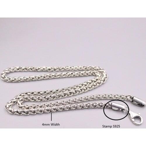 Authentic 925 Sterling Silver 4mm Wheat Link Chain Necklace 20" 24" Available Stamp S925