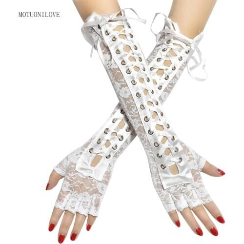 Sexy Lace Long Gloves Elbow Length Half-finger Gloves Criss Cross Lace Up Ribbon Fingerless Fishnet Mesh Etiquette Party Gloves