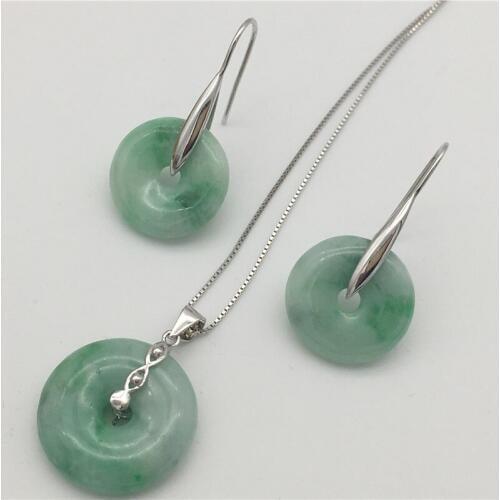 New Natural Stone 100% A Light Green Peace buckle Tibetan Silver Earrings Pendant necklace around 12-14MM 001